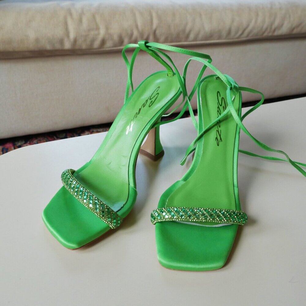 Sante Made in Greece Heel Sandals Green Beaded Fairy Lace-Up ankle satin womens